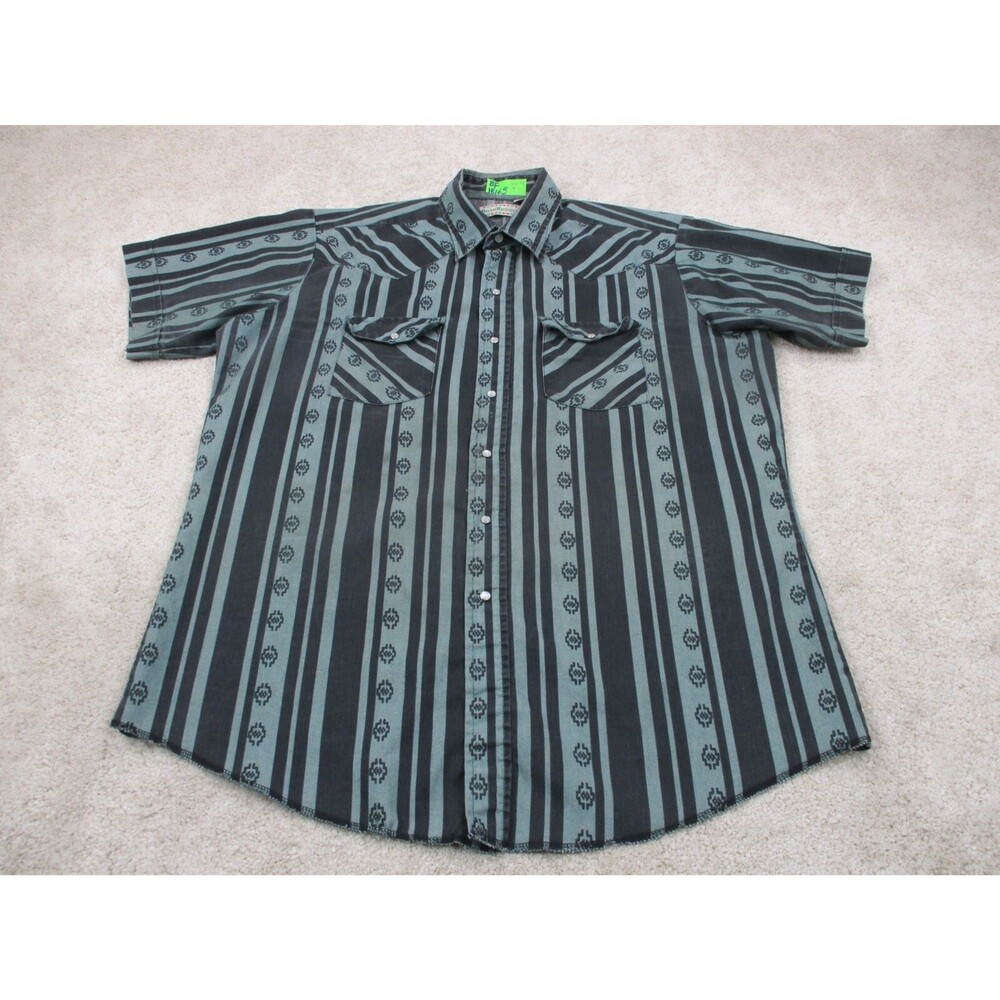 VINTAGE Road Runner Shirt Men XL Black Green Aztec Pearl Snap Western Cowboy USA